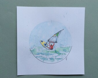 "Windsurfing" original watercolor sketch, windsurfing