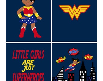 African American Wonder Woman Superhero Nursery Decor Art Print Set of 4 - Little Girls Are Just Superheroes in Disguise - Multiple Sizes