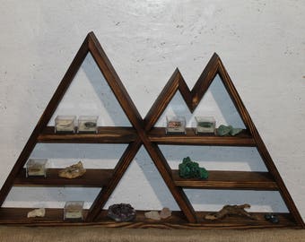 mountain shelf wooden shelf triple shelf curio shelf peak shelf minerals shelf geometric shelf crystal display rustic shelf pyramid shelf