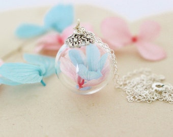 Hydrangea Necklace, Glass Globe Necklace, Blue and Pink, Mom Necklace, Mom Gift, Gift for Her, Terrarium Jewelry, Alternative Wedding