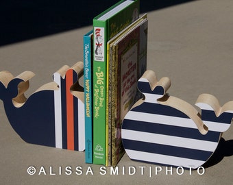 Custom Designed Wooden Whale Bookends - Custom Created to Coordinate with Nursery Letters - navy, white, orange, whale, nautical