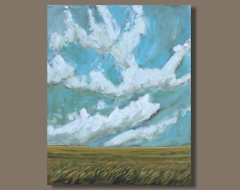 landscape painting, prairie painting, cloud painting, blue and white, field painting, vertical orientation, impressionist painting, Alberta