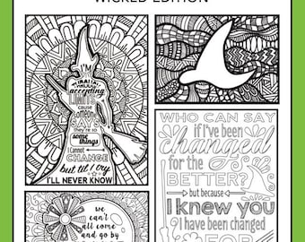 Wicked Coloring Set Of 4 Broadway Card Musical Theater Hand Drawn Christmas Gift Pages Note Wall Art Decor