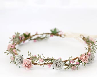 Flower Crown Wedding Green Floral Crown Floral Headband Bridal Crown Flower Girl Crown Bohemian Headpiece Blush anf Grey Flower Crown Halo