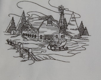 Holiday winter barn embroidery design on floursack kitchen towel