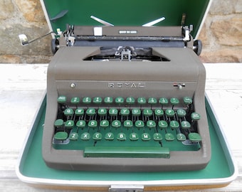 Vintage Royal Typewriter Quiet De Luxe Deluxe Working Condition Green Keys Carrying Case Manual Portable Retro Midcentury Photo Prop
