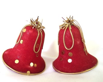 2 Vintage Mid Century Flocked Plastic Christmas Holiday Bell Ornaments