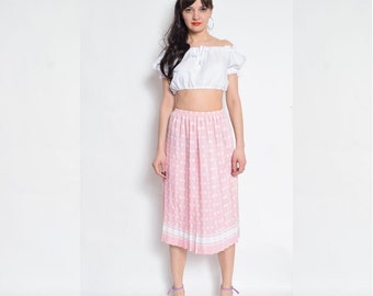 Vintage 80's Polka Dot Pleated Skirt / Light Pink Accordion Pleated Skirt/ Baby Pink Midi Skirt
