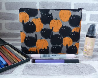 Black cat pencil case, cat in a pumpkin patch, black cat makeup bag, black cat, gift for her, gift for cat lover, christmas gift, halloween