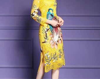 Long Sleeve Lace Yellow Mandarin Qipao Dress