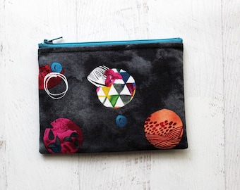 zippered pouch - small makeup bag - black bag - zipper pouch - watercolor bag - gift for her - change purse - bag