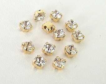 Set of 12 Clear and Gold 4.6mm Swarovski Chaton Montees, 53201 Sew On Rhinestones, SS19, Gold Plated Settings, Swarovski Sew On Chatons