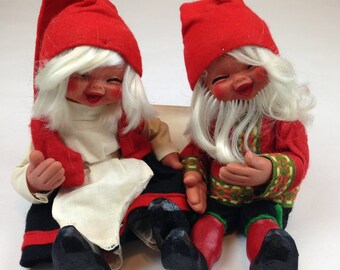 1960s - ARNE HASLE NORGE Nisse Swedish Elf Gnome Troll Latex Dolls - Made in Sweden - Boy & Girl Set - Pair - 12"