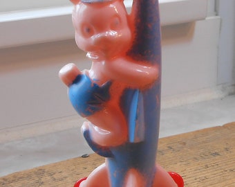 1950's Hard Plastic Bunny Rabbit on Rocket with Wheels, Rosbro