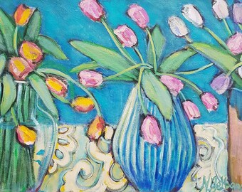 tulips,turquoise, lace, still life