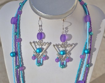 long triangle earrings turquoise blue and purple