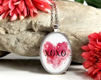 XOXO-Red Watercolor Heart-Large Oval- Glass Bubble Pendant Necklace