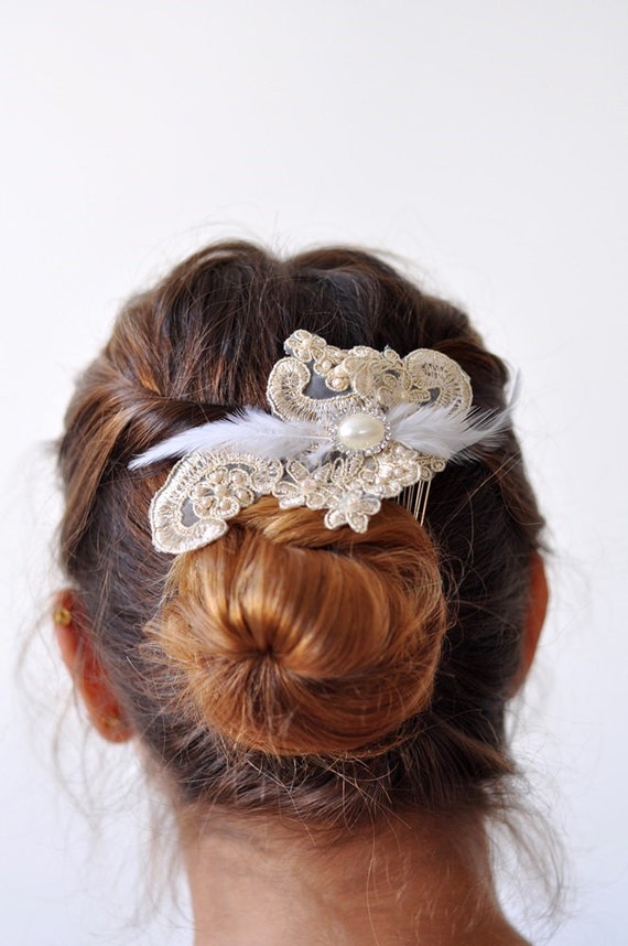 Gold Lace Fascinator Hair Comb With Feather Rhinestone pearls