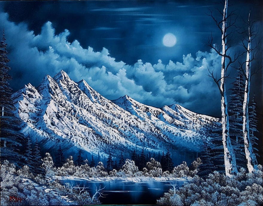 Bob Ross Style Original Oil Painting Super Moon on