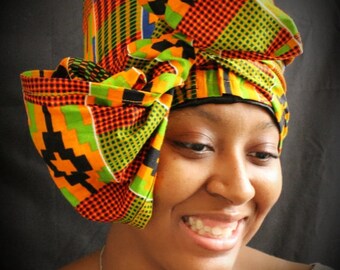Preawrapped Orange Kente Nefertiti (Two Tails) with 2 Infant Headbands