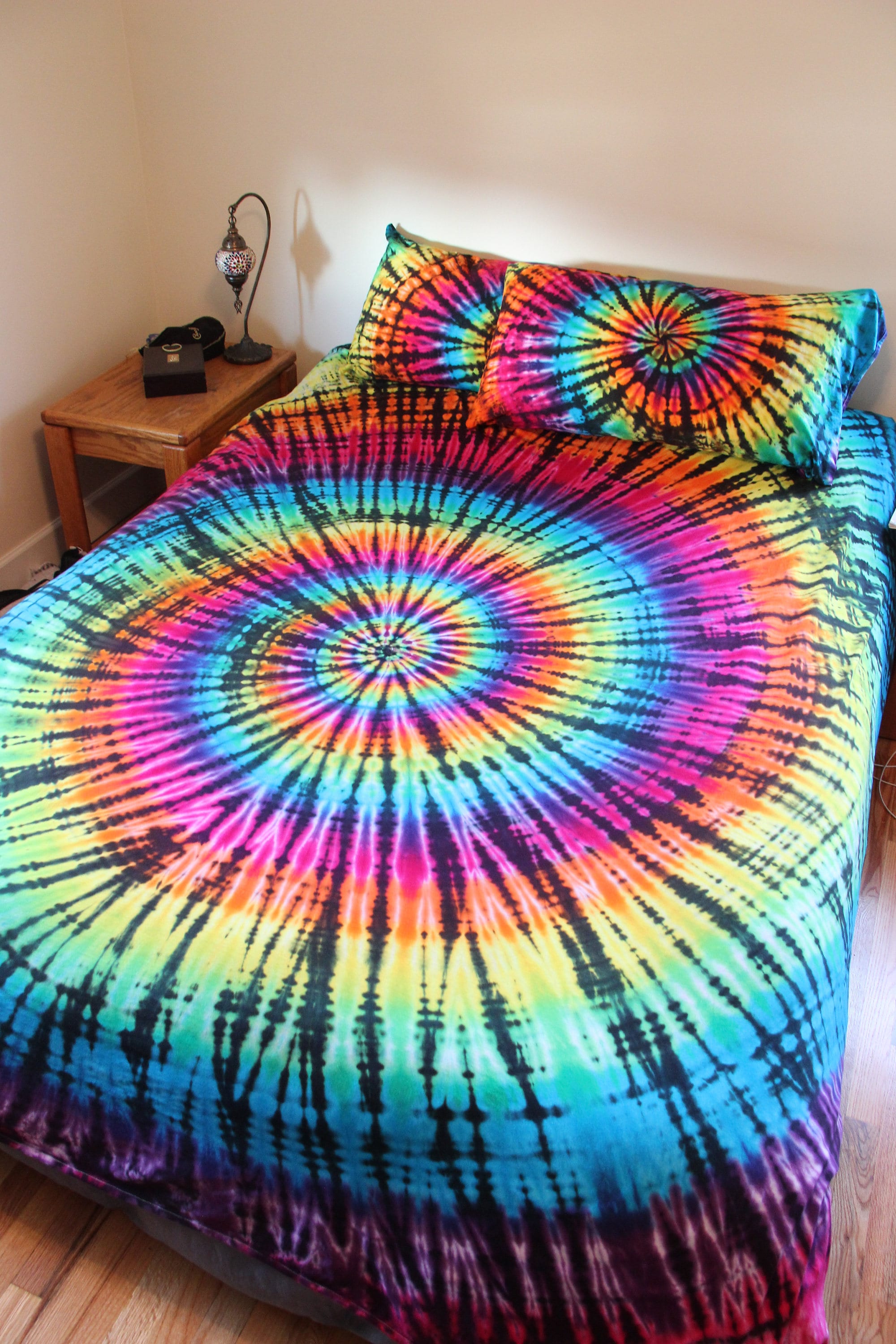 Tie Dye Sheet Set 100 Cotton Rainbow Black Spiral