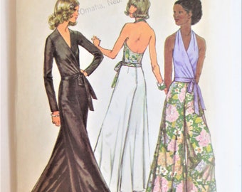 Simplicity 5355, Vintage 70s Backless Halter Top, Front Wrap Blouse, Wide Leg Pants, Boho Bell Bottom Pants, vintage size 14, bust 36