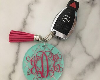Quatrefoil Monogram Keychain With Tassel, 2.5" Acyrlic Circle Keychain With Leather Tassel Personalized With Monogram