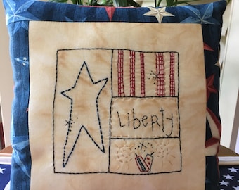 Patriotic Embroidered Pillow , Primitive Patriotic LIBERTY Decorative Pillow , Hand Embroidered Americana