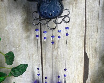 Tiara Sandwich Glass in Dark Blue, Handmade Wind Chime with Stained Glass Chimes