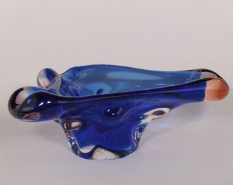 Czech Bohemian Art Glass Blue Ashtray - Karlovarske sklo - Moser glassworks