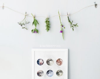 Moon print - 9 moon prints - Different moons artwork - Watercolor moon print - Printable moon - Printable gift - digital prints - art prints