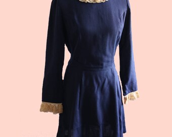 60's Handmade Peter Pan Collar Wednesday Adams Dress Navy Blue Long Sleeve 1960s dress