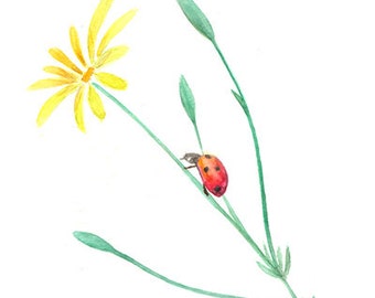 Printable watercolor art,Floral wall art, Floral print, Ladybug, Daisy, Floral decor,Kids room wall art, Nursery decor, Nursery print