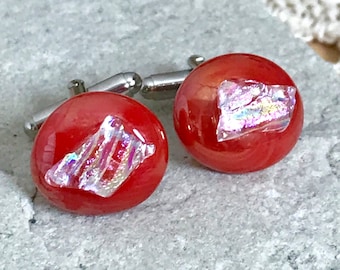 Red Cufflinks - Fused Glass Layers on Silver Tone Fittings - Pearlescent Red with a Crystal Ice Dichroic Layer Gift Boxed