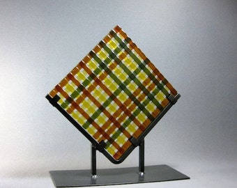 Art Glass Garden Sculpture Sun Catcher Weave Brown Amber and Olive Green Artist Signed
