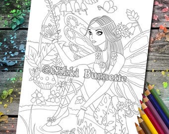 Coloring Page - Digital Stamp - Printable - Fantasy Art - Fairy - Butterfly - Pond - Stamp - Adult Coloring Page - FLORA - by Nikki Burnette