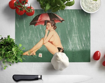 Vintage Pink Up Girl, Print, Rainy Days, Cutting Board / Counter Saver / Chopping Board, In Chinchilla Glass - Large 28.5cm x 39cm