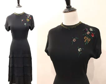 1940s Vampy Black Rayon Floral Beaded Detail Dress
