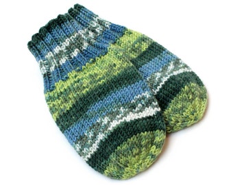 Thumbless Mittens. Blue Green Knit No Thumb Cordless Baby Mitts. Wool-Free Winter Mittens on String. Infant 9 to 12 Months Hand Warmers