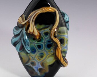 Lampwork Glass Focal Bead Handmade with Blue Flower by Diana Dunn