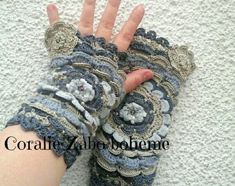 Mitaines femme-mitaines grises-mitaines au crochet-laine-soie-coton-chauffe poignets fait-main-féerique-coralie-zabo-boheme