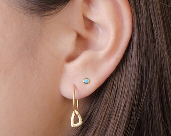 Tiny Oval Cut Out Hoops, Sterling Silver, Gold Plated, Hoops with Pendant, Minimalist Dangle Earrings, Lunaijewelry, Gift for Mom, EAR154