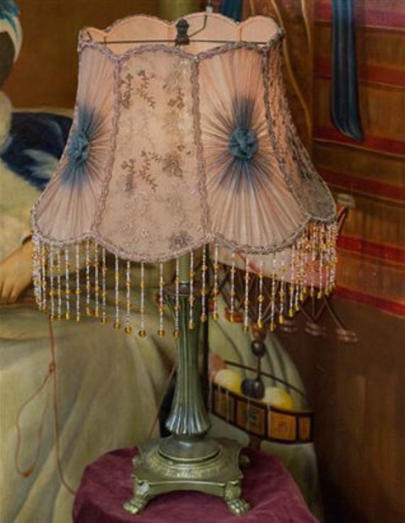 Victorian Fringe Bead Boudoir Pale Rose Mauve Blue Table Lamp