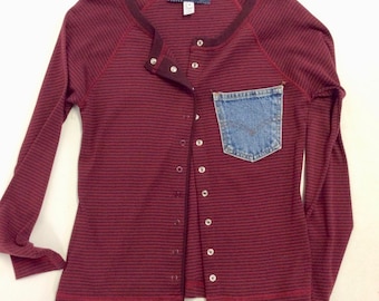 Snap Front Wine Cotton Striped Cardigan Tee Levi Pocket