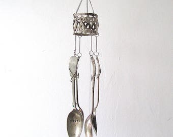 Tea Makes The World Go Round, Spoon Wind Chime, Upcycled Cutlery, Handstamped Windchime, Small Kitchen Mobile, Hand Stamped Teaspoons