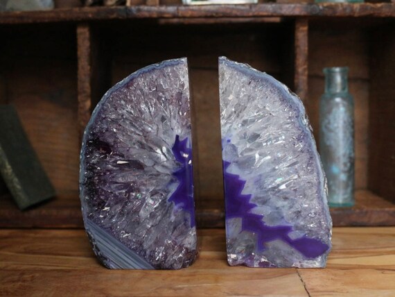 Rainbow Agate Geode Bookends 1.82k, Crystal Bookends, Purple Agate Bookends, Agate Bookends, Bohemian Decor, Stone Bookends, Bookworm