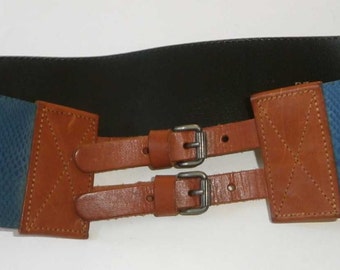 Vintage 60's Leather & Printed Vinyl Double Buckle Belt Teal Blue