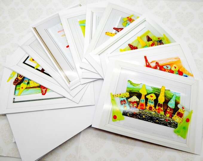 Pack of Serdinya Higgledy Village frameable greetings cards. Original artwork. Gift idea for her him. Handmade small gifts. Fused glass art.