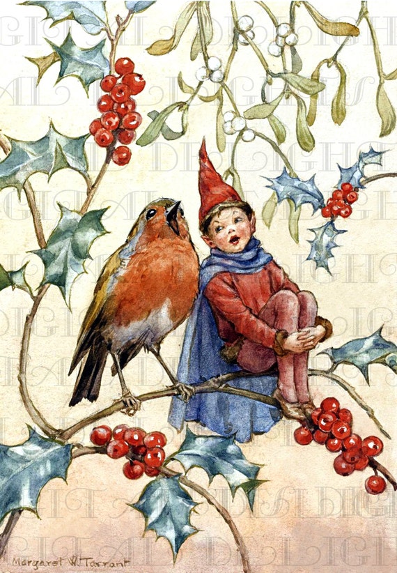 Elf and Robin Fairy Vintage Illustration. Margaret TARRANT.