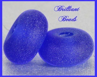 Frosted Intense Blue..."Sea Glass" Spacer Bead Pair...Handmade Lampwork Beads SRA, Made To Order